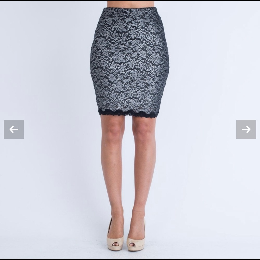 Rosemunde Mini Skirt Size M Stretchy Black Silver Floral Embroidery Pull On Lace